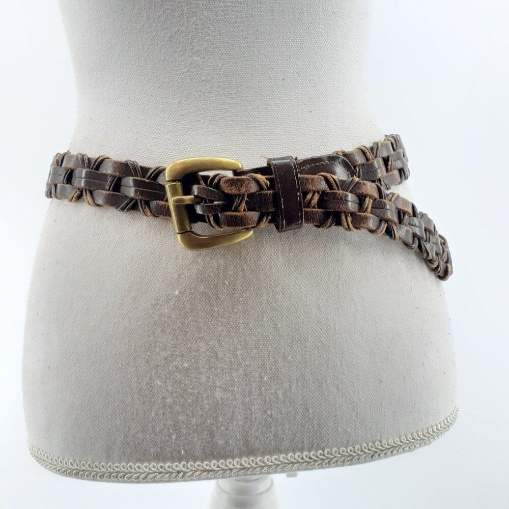 Women's Braided Genuine Leather Classic Casual Belt Gold Tone Buckle M/L